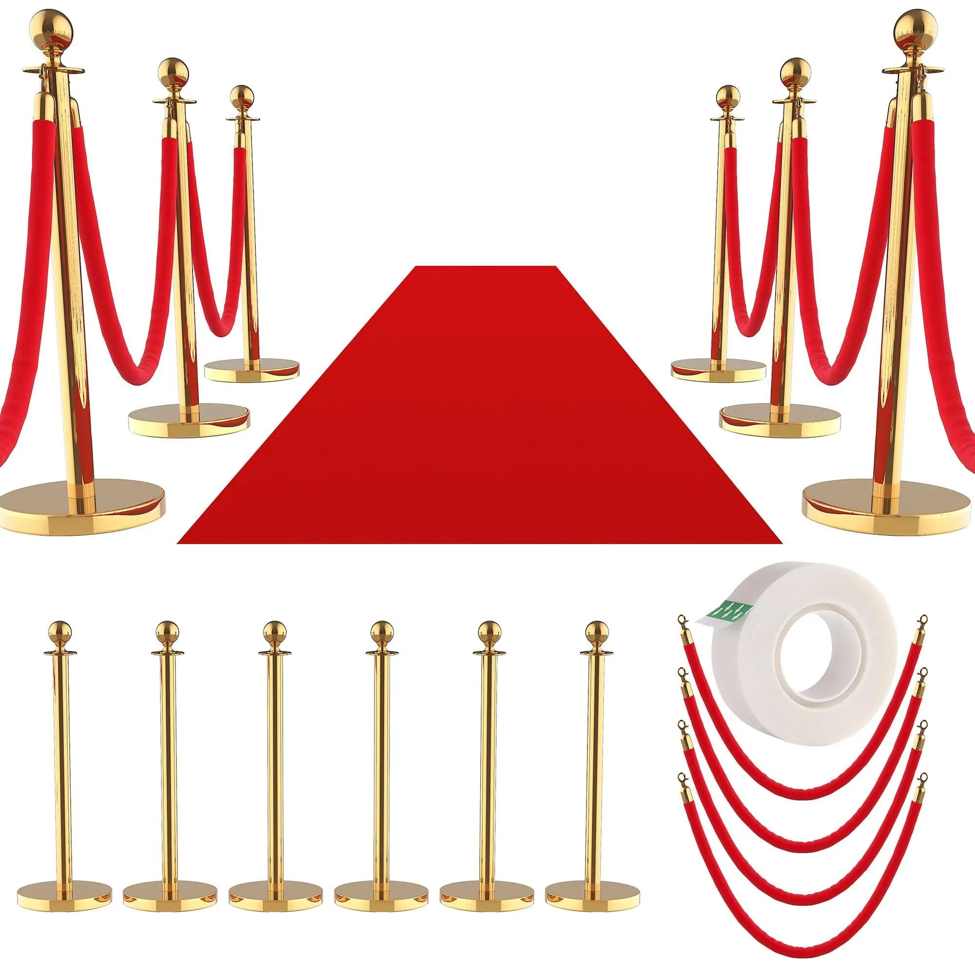 8-Pack Gold Stainless Steel Crowd Control Stanchions with Red Velvet Ropes and Red Carpet Runner
