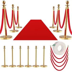 8-Pack Gold Stainless Steel Crowd Control Stanchions with Red Velvet Ropes and Red Carpet Runner