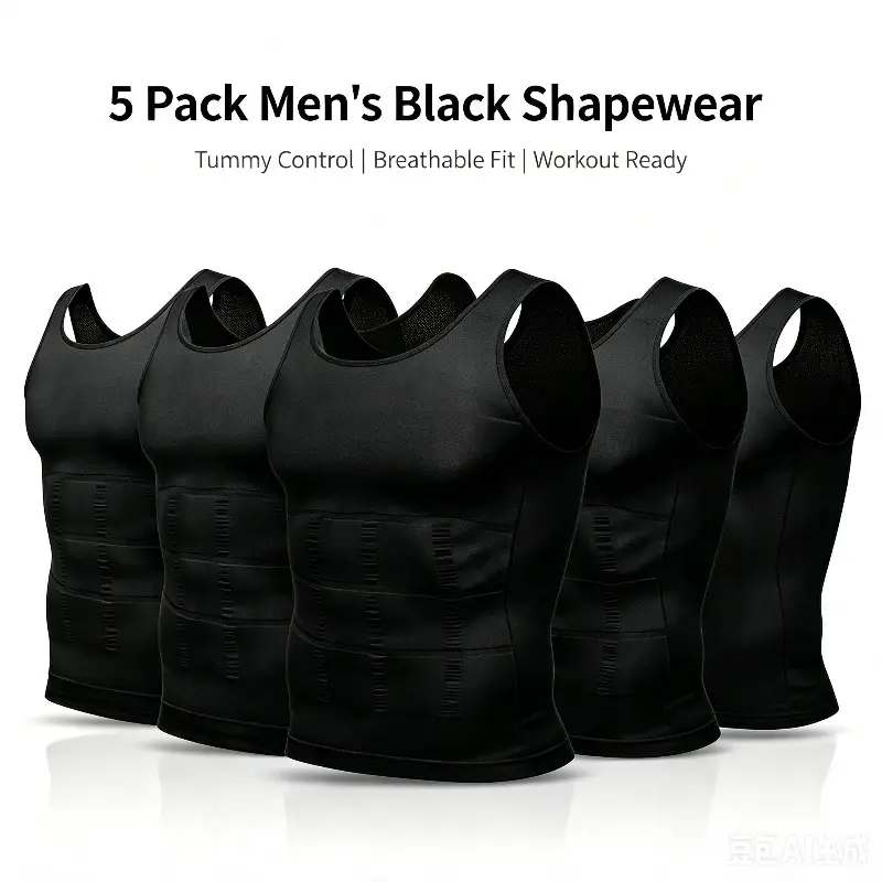 Men's Slim Fit Compression Shapewear Tank Tops 5 Pack, Abdomen Shaping Workout Shirts, Breathable Body Shaper Undershirt for Sports Training