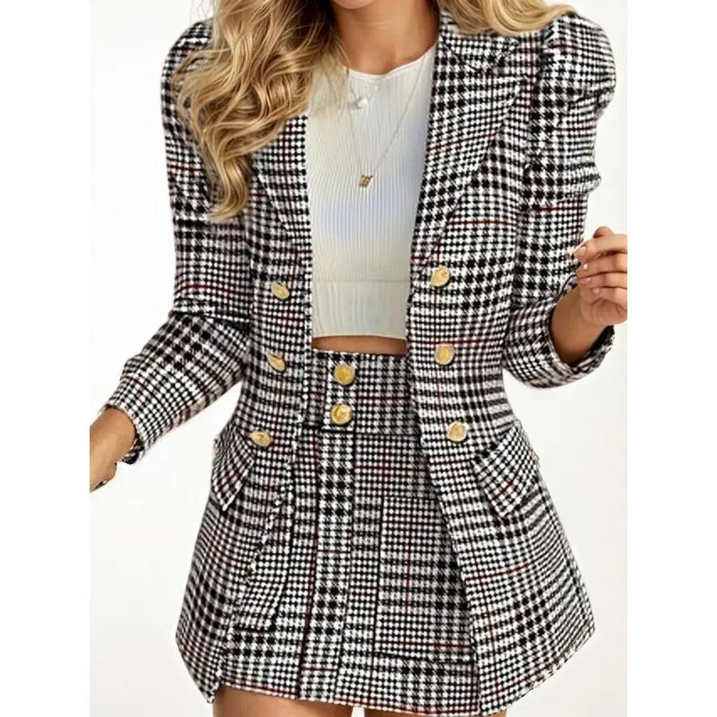 2025 New Elegant Thousand Bird Grid Printed Suit Set Double Breasted Lapel Bubble Sleeve Blazer High Waist Hip Hugging Mini Skirt Set Women's Clothing