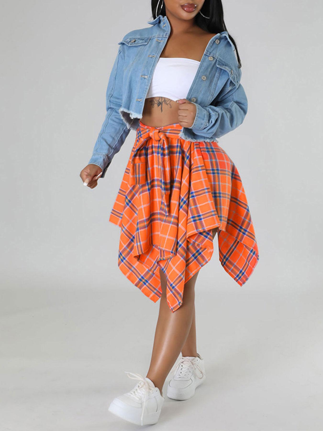 Women's Plaid Print Tie Front A Line Skirt, Casual Asymmetrical Hem Skirt for Summer, Women's Bottoms for Daily Wear, Casual Fitted Skirt