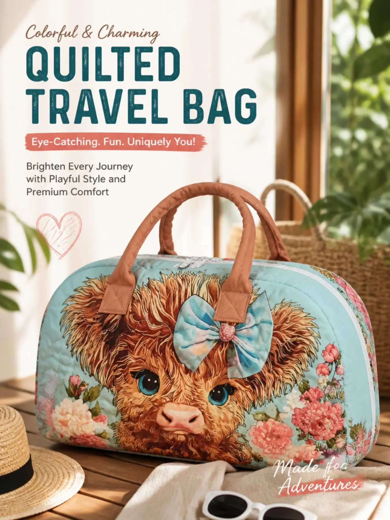 Floral Cow Print Quilted Handbag, Large Capacity Soft Quilted Weekend Travel Bag, Lightweight Overnight Fitness Luggage, Ideal for Outdoor Trips