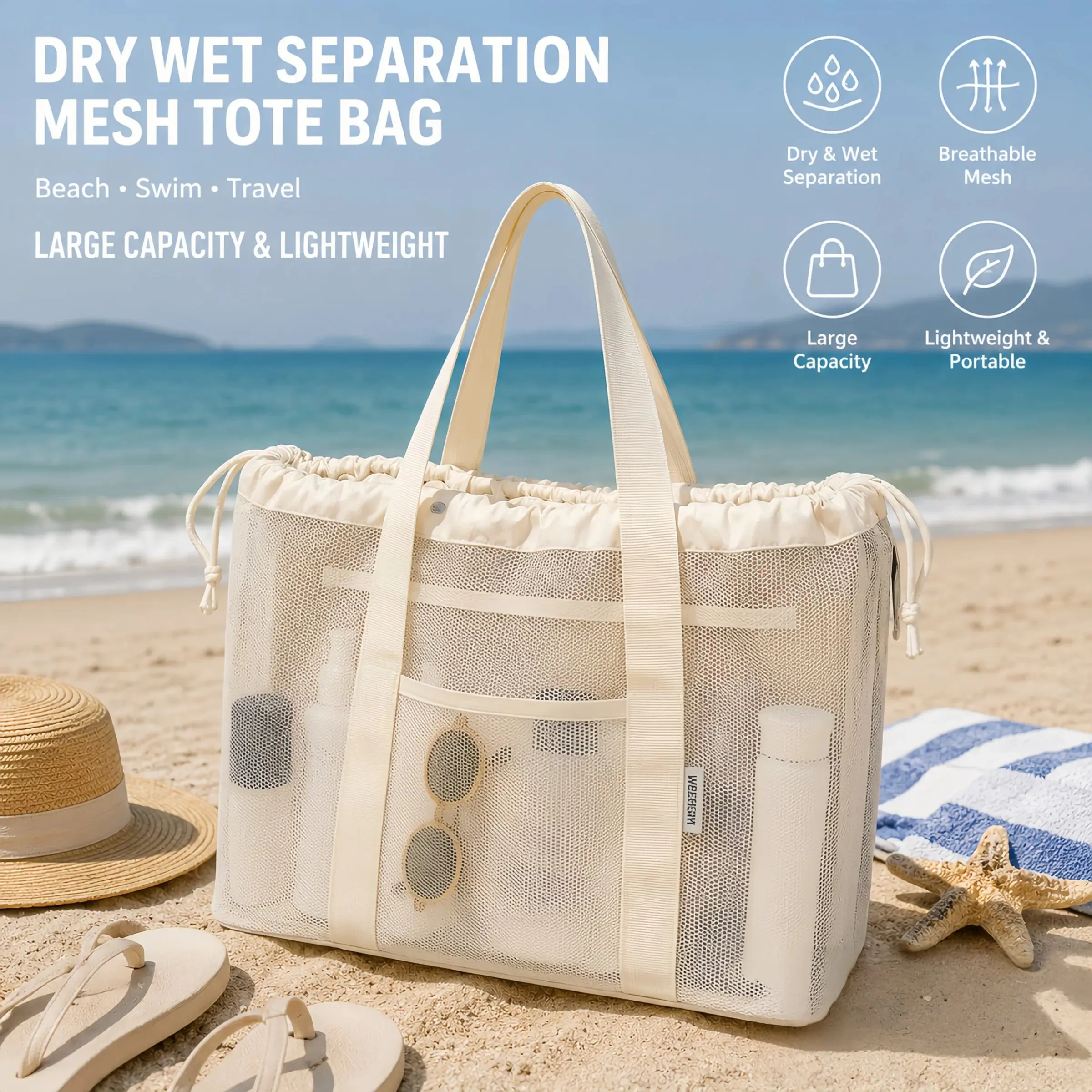 Swim Bag Dry Wet Separation Storage Bag, Waterproof Mesh Travel Beach Bag, Summer Travel Bag, Large Capacity Shower Bag for Women, Ideal for Vacation
