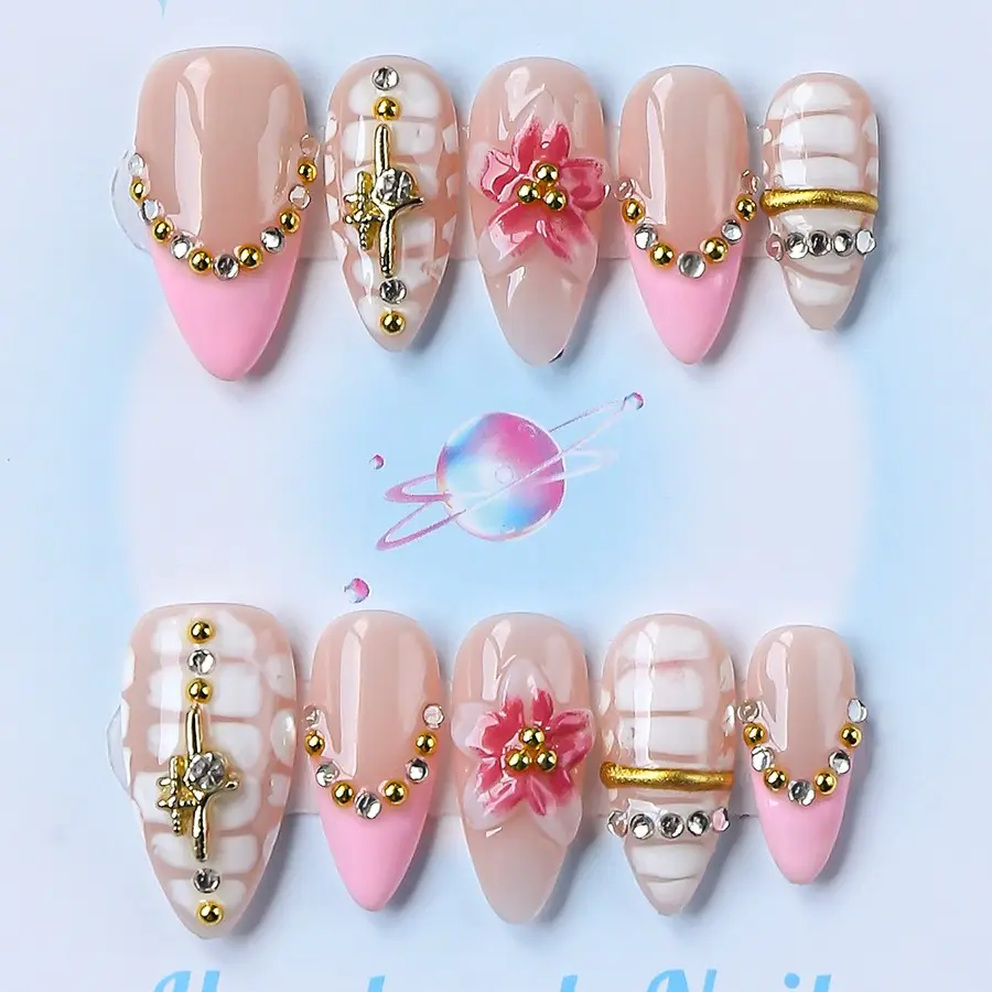 Nailssbysheccid, 10pcs press-on nails，almond shape,Y2K style, 100% handmade, combined with French style ,3D， suitable for family dinners, dates, weddings, it is the best gift for girls! Comes with jelly glue, crystal sticks and shaping strips.