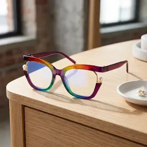 Stylish, oversized unisex glasses featuring a distinctive colorful cat-eye design, pearl accents, and a gradient frame. Equipped with metal hinges, they are ideal for computer use, reading, and everyday wear.