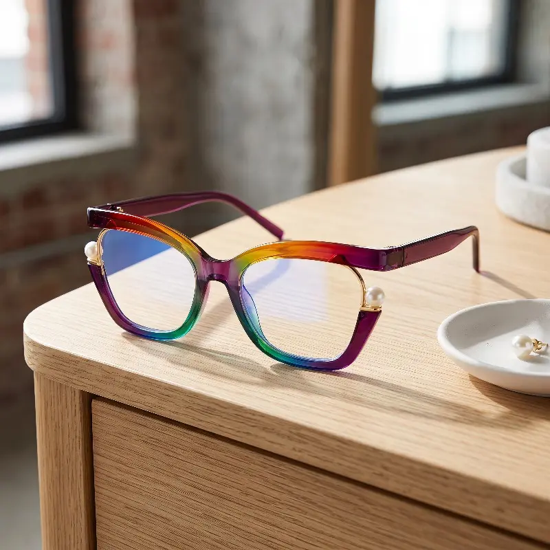 Stylish, oversized unisex glasses featuring a distinctive colorful cat-eye design, pearl accents, and a gradient frame. Equipped with metal hinges, they are ideal for computer use, reading, and everyday wear.