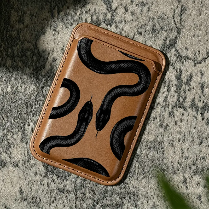 Two Black Snakes Illustration magnetic card holder for iPhone 17/16/15/14/13/12 - Strong magnetic polyurethane leather card holder (can hold 2 cards), comes with a free metal ring adapter - compatible with Samsung/Google/Motorola devices