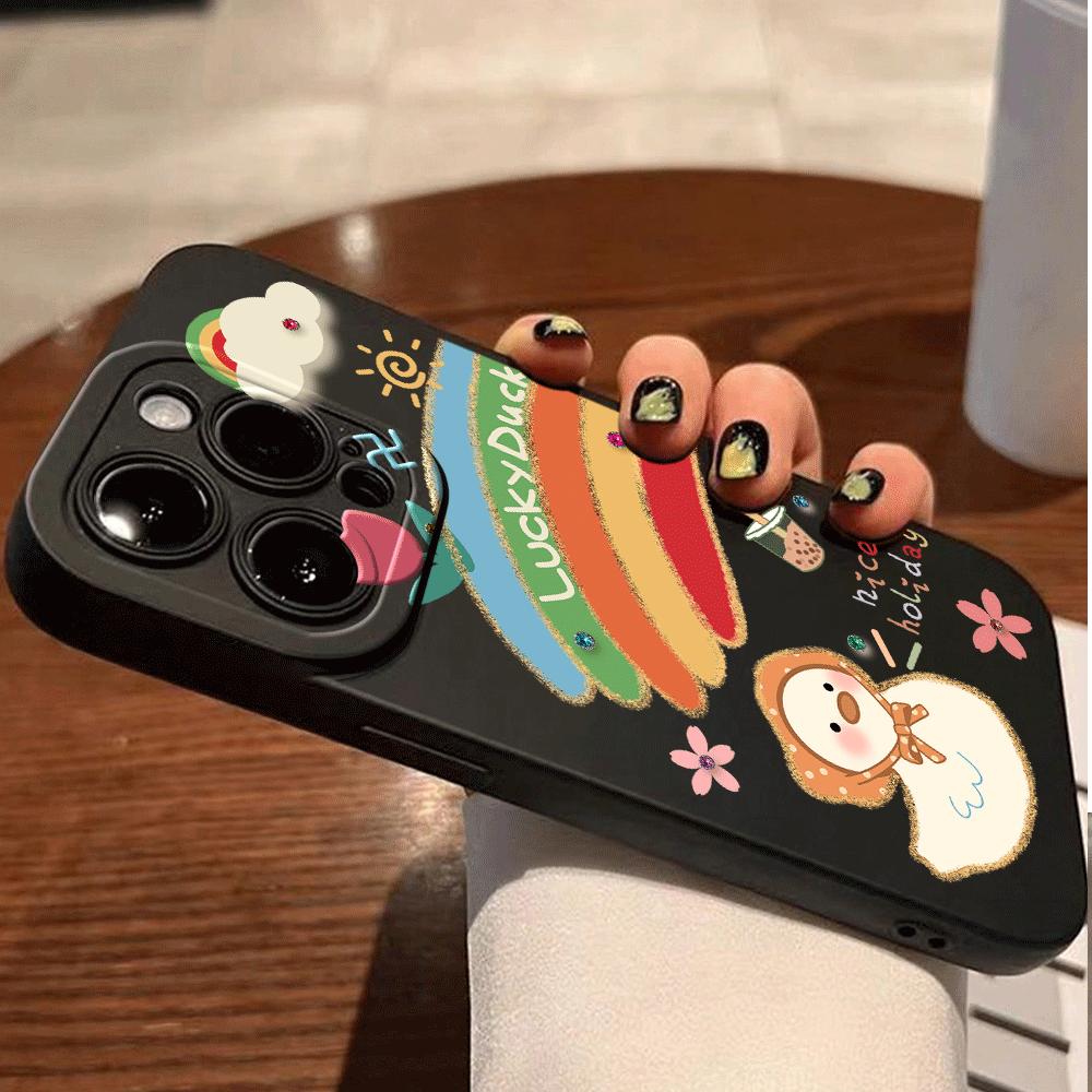 1pc black matte phone case with eye-catching design, featuring lucky duck, rainbow flowers, sun, clouds, and pearl milk tea motifs, suitable for IPhone17/IPhone17Pro/IPhone17Air/IPhone17ProMax