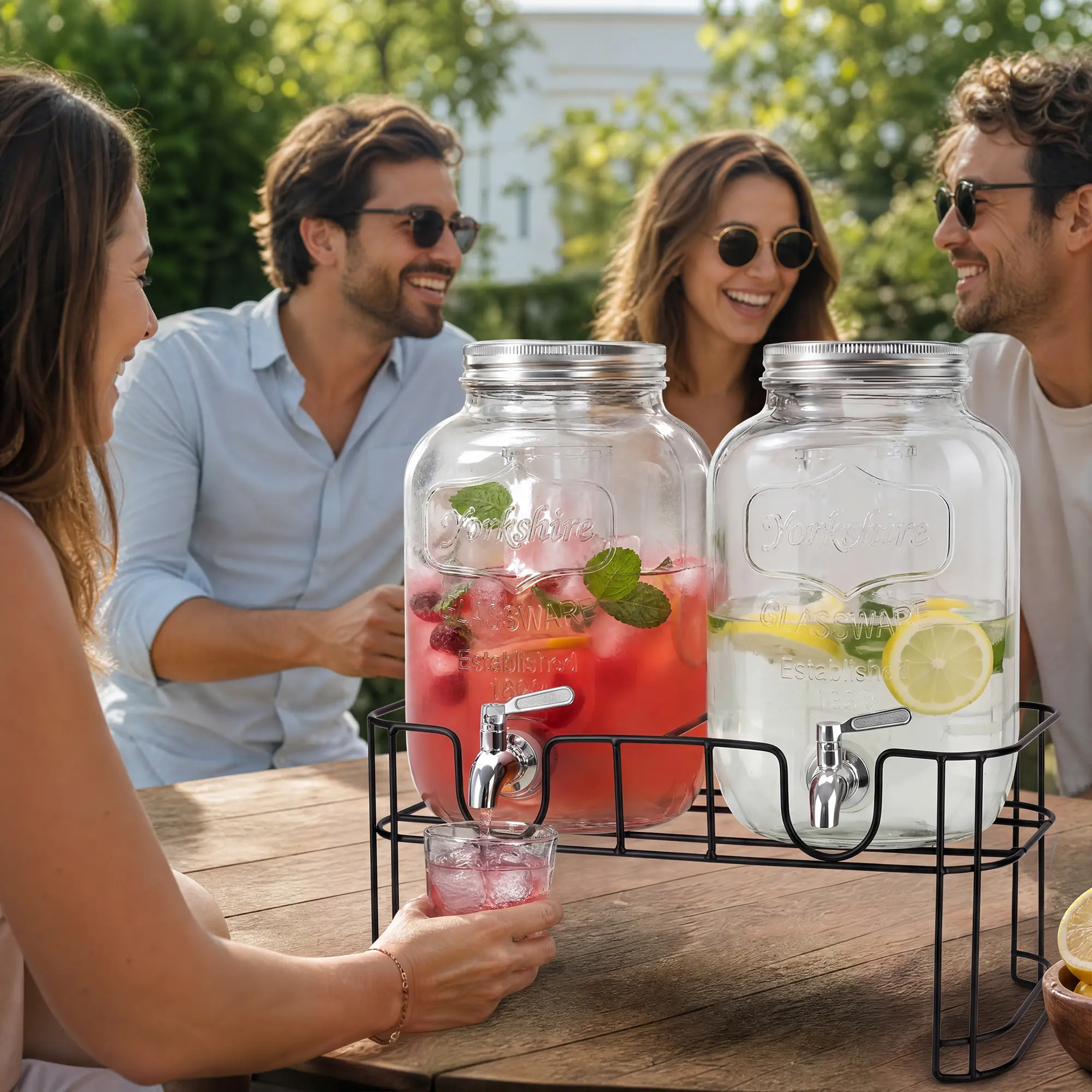 2 Pack 4L Mason Jar Glass Drink Dispenser with Metal Stand, Dual Glass Pitcher Beverage Station for Parties Wedding Backyard BBQ Daily Cold Juice Lemonade Iced Tea Storage