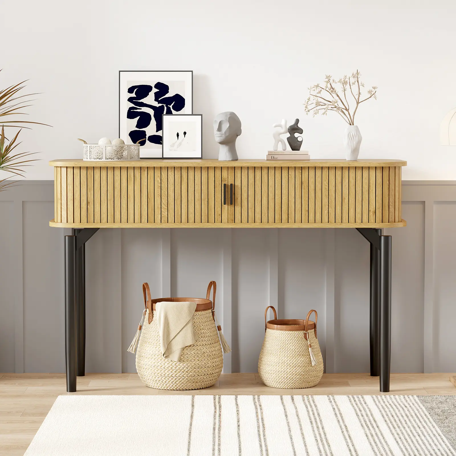47" Modern Fluted Console Table, Wooden Narrow Entryway Tables with Sliding Door, Sofa Furniture Behind Couch with Storage and Shelves, for Entrance, Hallway, Living Room