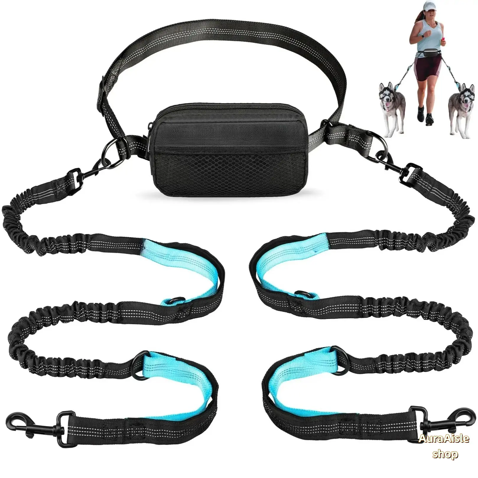 Hands Free Waist Dog Running Leash, Adjustable Comfort Waist Strap, Dual Padded Handles & Shock Absorbing Elastic Bungee Rope, Retractable Lead For Medium And Large Dogs For Jogging Walking Hiking Outdoor Activities