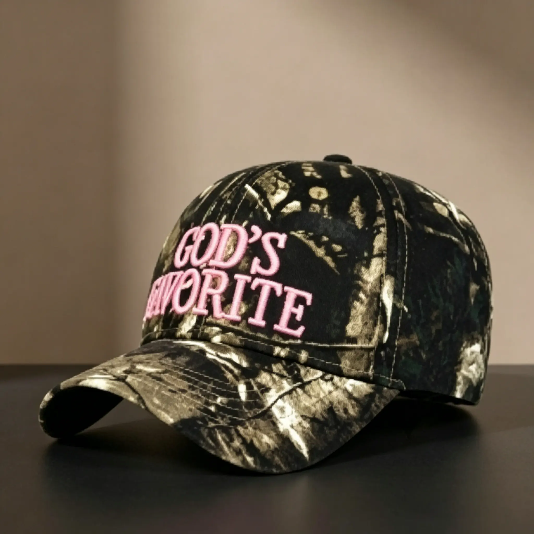 Unisex Tree Camo Classic Baseball Cap - 'GOD'S FAVORITE' White Embroidery, Cotton Casual Dad Style Cap for Sun Protection, Daily Wear & Outdoor Commute, Casual Hat, Cotton Cap