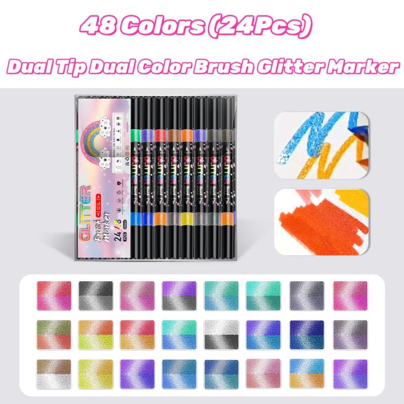 24/48 Colors Glitter Brush Markers,Dual Tip Dual Color Brush Glitter Marker for Doodle Writing, Glitter Art Crafts Adults DIY Crafts Greeting Birthday Cards Making