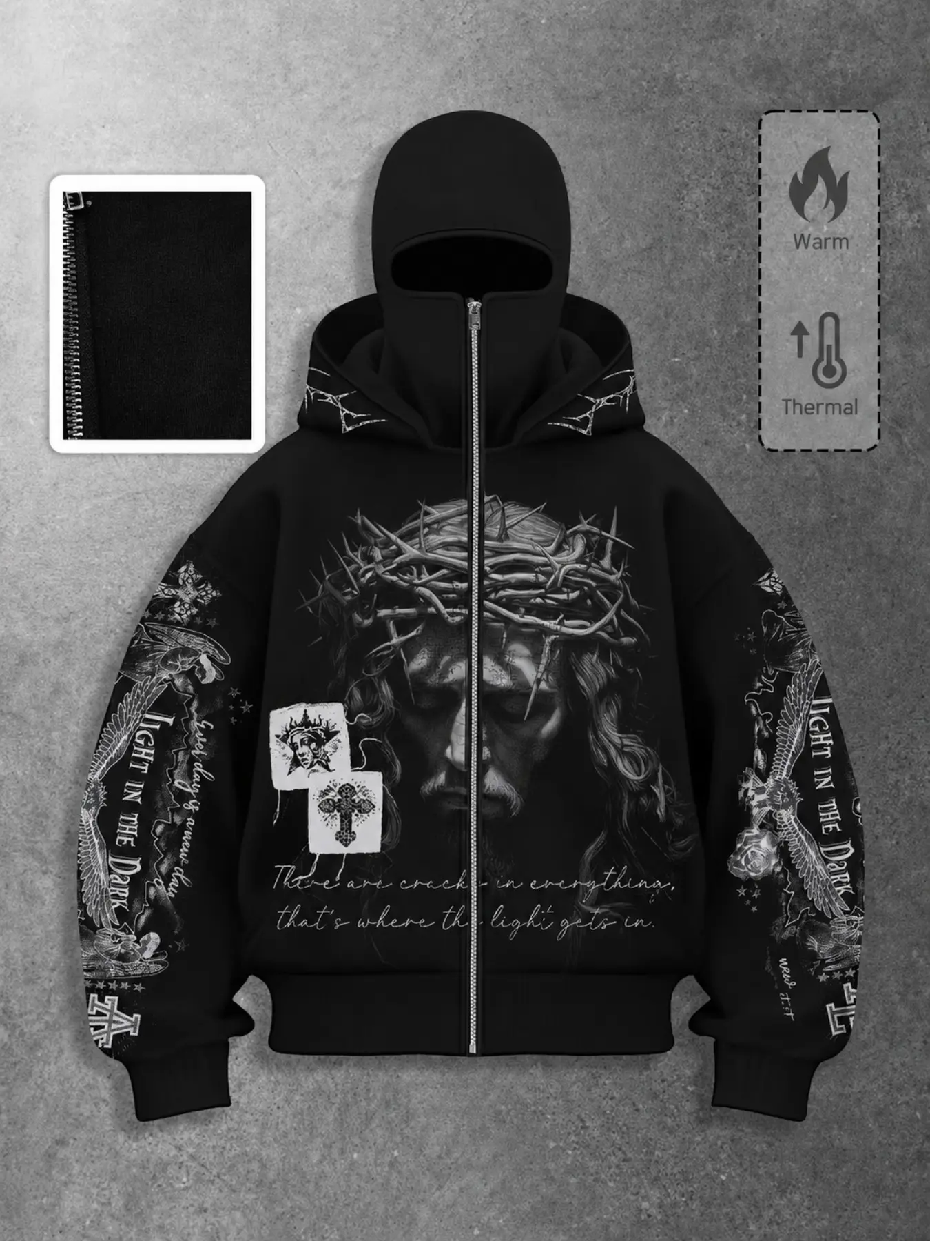 Men's Thermal Balaclava Zip Up Hoodie, Black Cropped Hooded Jacket With Crown Of Thorns Jesus Graphic, Eagle Cross Full Printed Sleeves, Warm Thick Streetwear Sweatshirt, Dark Gothic Religious Outerwear For Autumn Winter Trendy Street Outfits