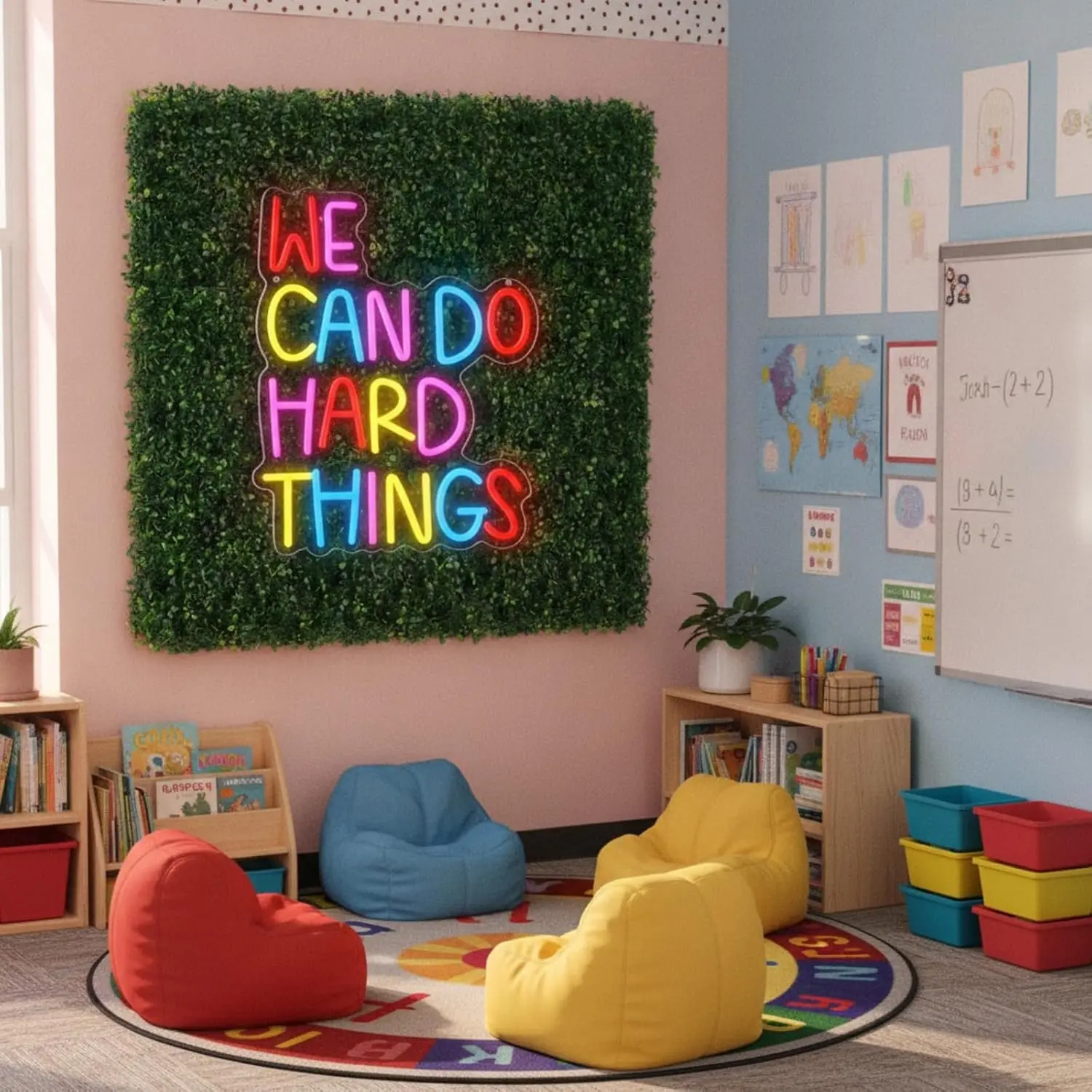 10 count Classroom Reading Corner Decorations Set Include We Can Do Hard Things Neon Lights 9 count and Artificial Grass Wall Panels Backdrop Decor for  to School Library Teen Girls Bedroom
