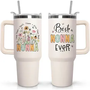 30 oz NonnaTumbler with Handltraw, Vacuum Stainless Bottle, Best Ever Floral Travel Mug, Day Gifts from Daughter Son Kids, for