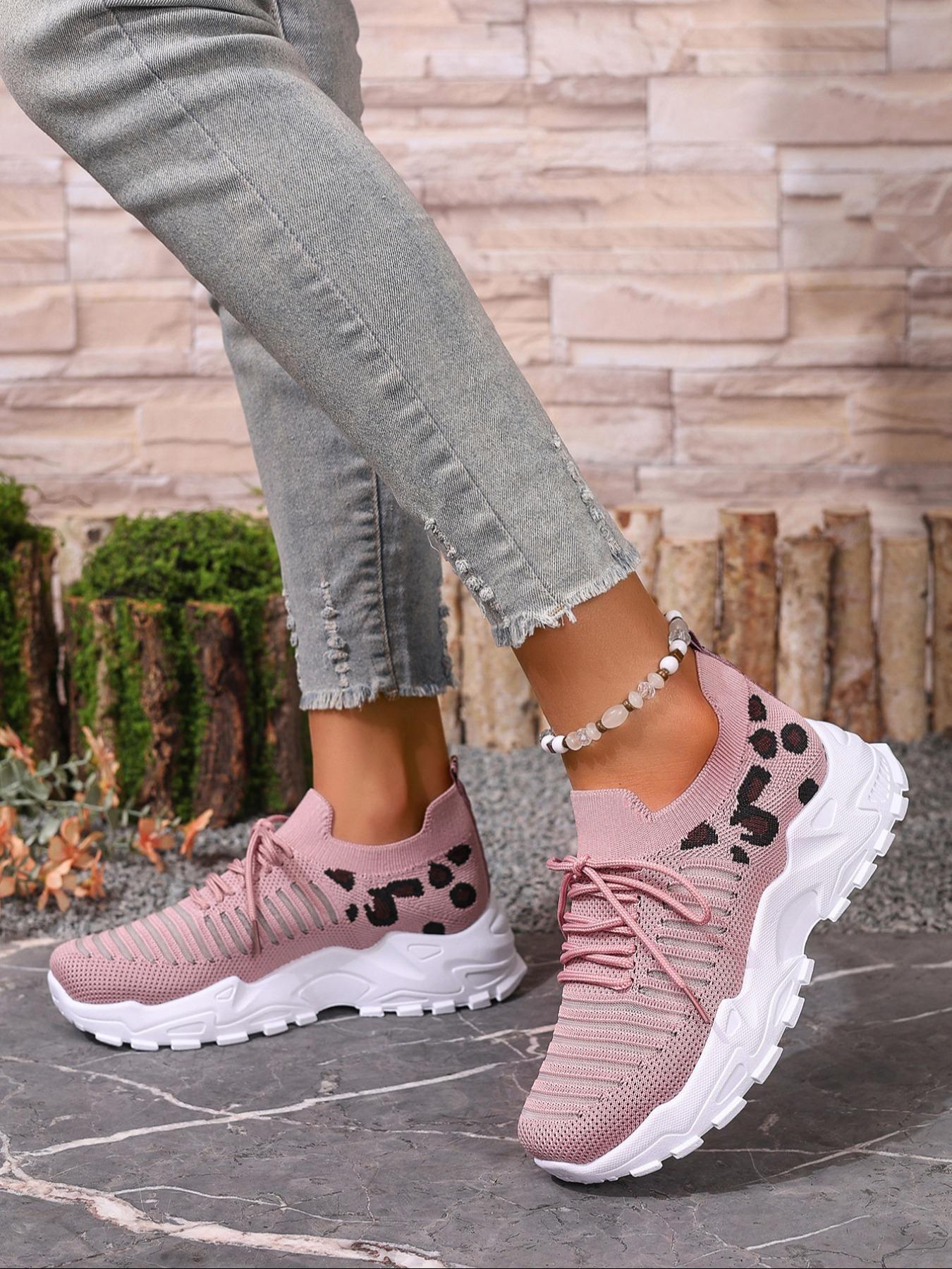 Women's Fashion Leopard Print Lace Up Low Top Sneakers, Casual Comfortable Breathable Sports Knitted Running Shoes, All-match Basic Shoes for Daily Wear, Fashionable Running Shoes
