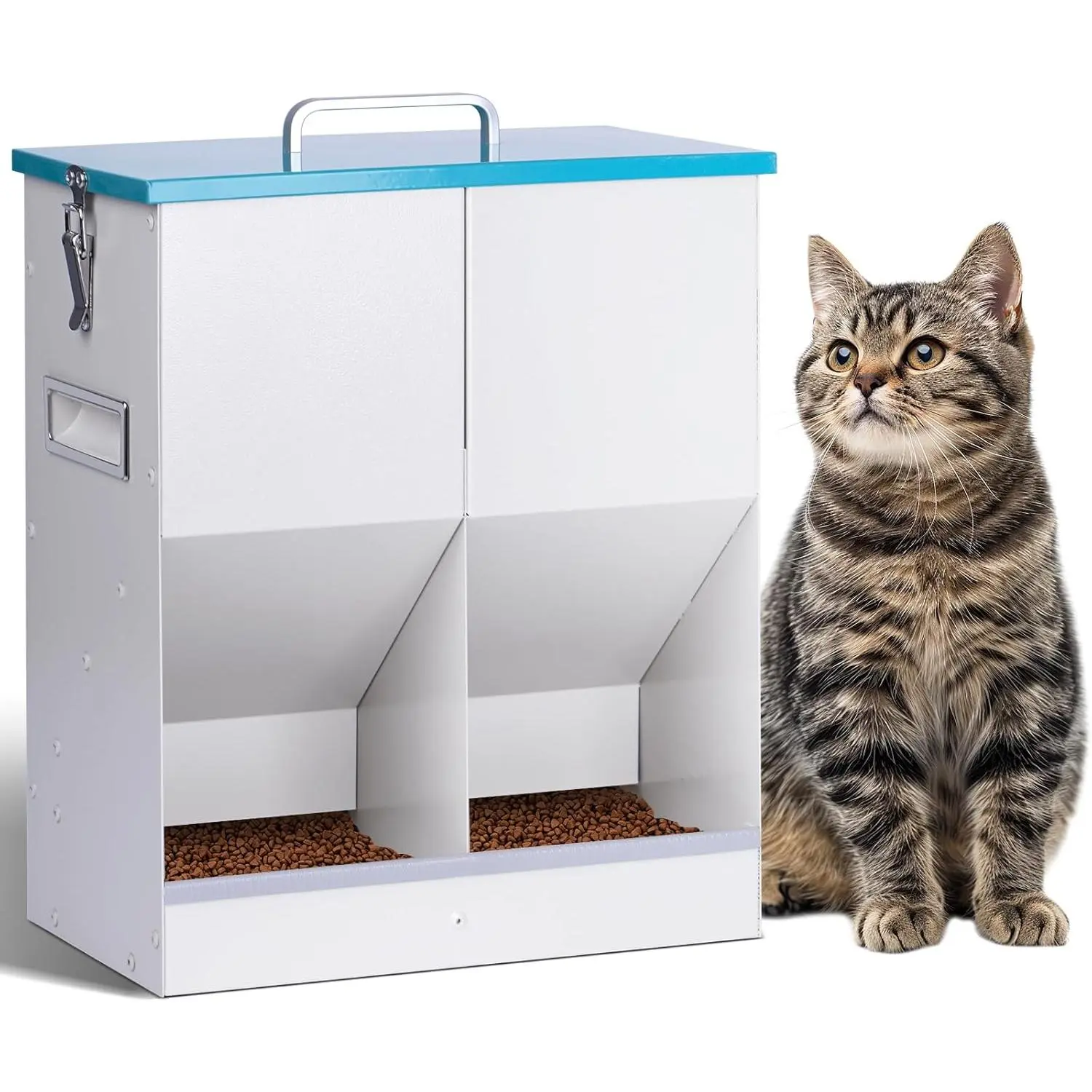 Automatic Cat Feeder for 2 Cats, 10L/42cups Large Capacity Galvanized Steel Gravity Dry Food Dispenser for Dogs and Multiple Cats Outdoor Use