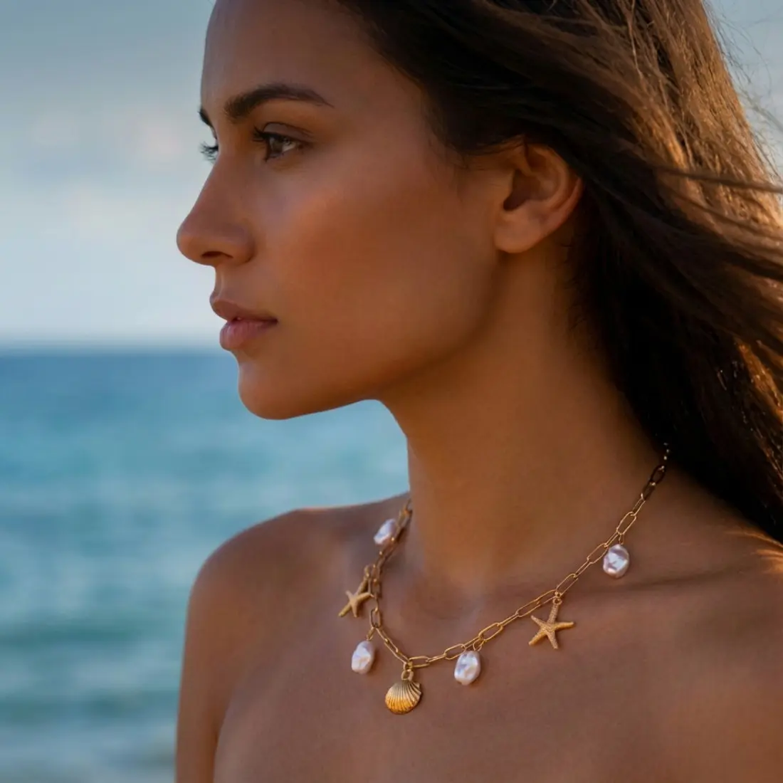 Bohemian Starfish Shell Necklace for Women, Summer Beach Jewelry, Coastal Vacation Ocean Pendant Necklace, Beachy Layered Necklace, Lightweight Dainty Sea Shell Charm Jewelry for Resort Wear, Holiday, Party, and Gift