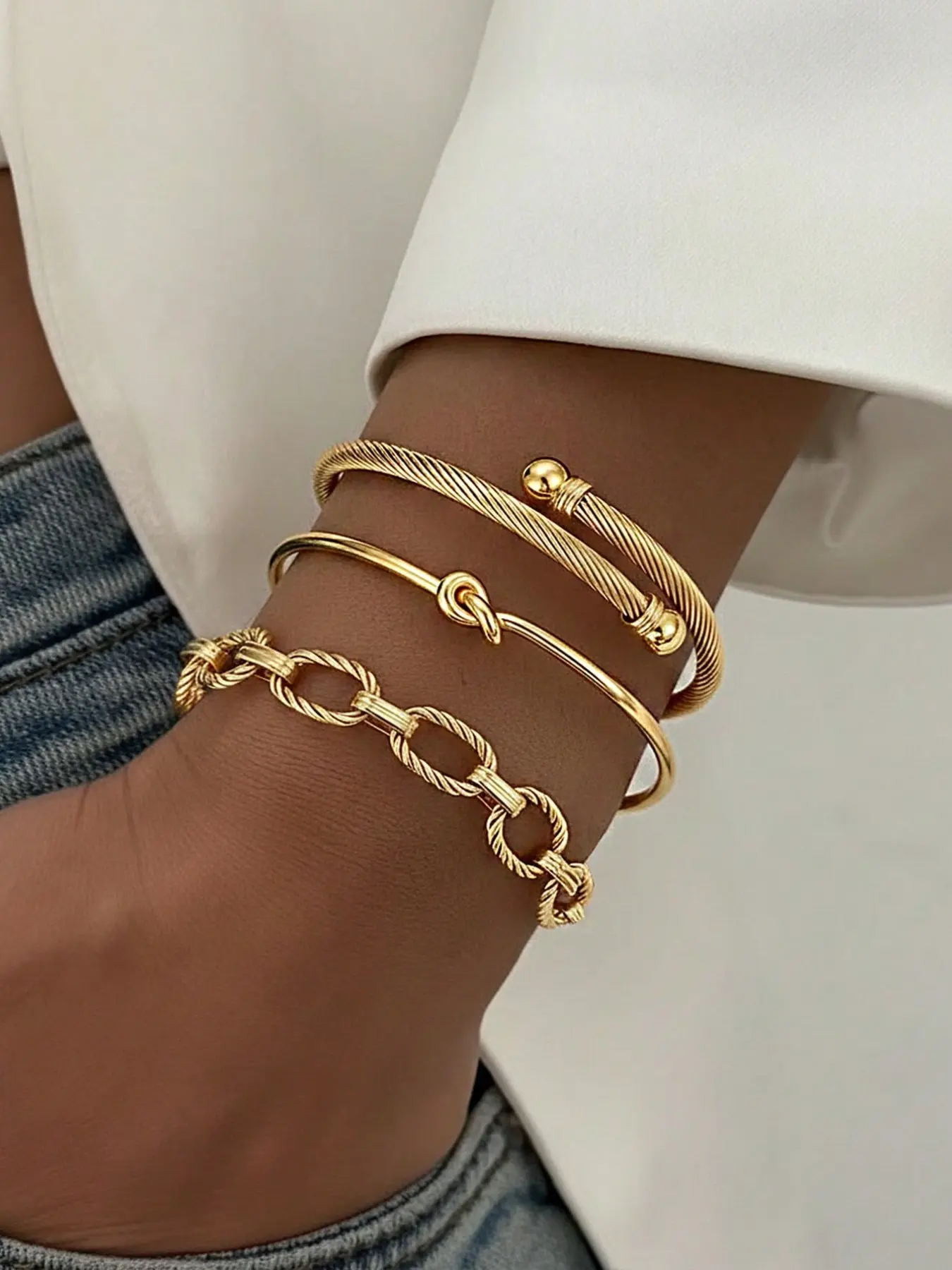 3pcs Stainless Steel Bangle Bracelet Set For Women, Fashion Bracelet, Adjustable Open Design With Twisted Rope & Chain Elements, Luxury European Style, Gold Color, Suitable For Daily, Dating, Vacation, Valentine's Day/Christmas Gift