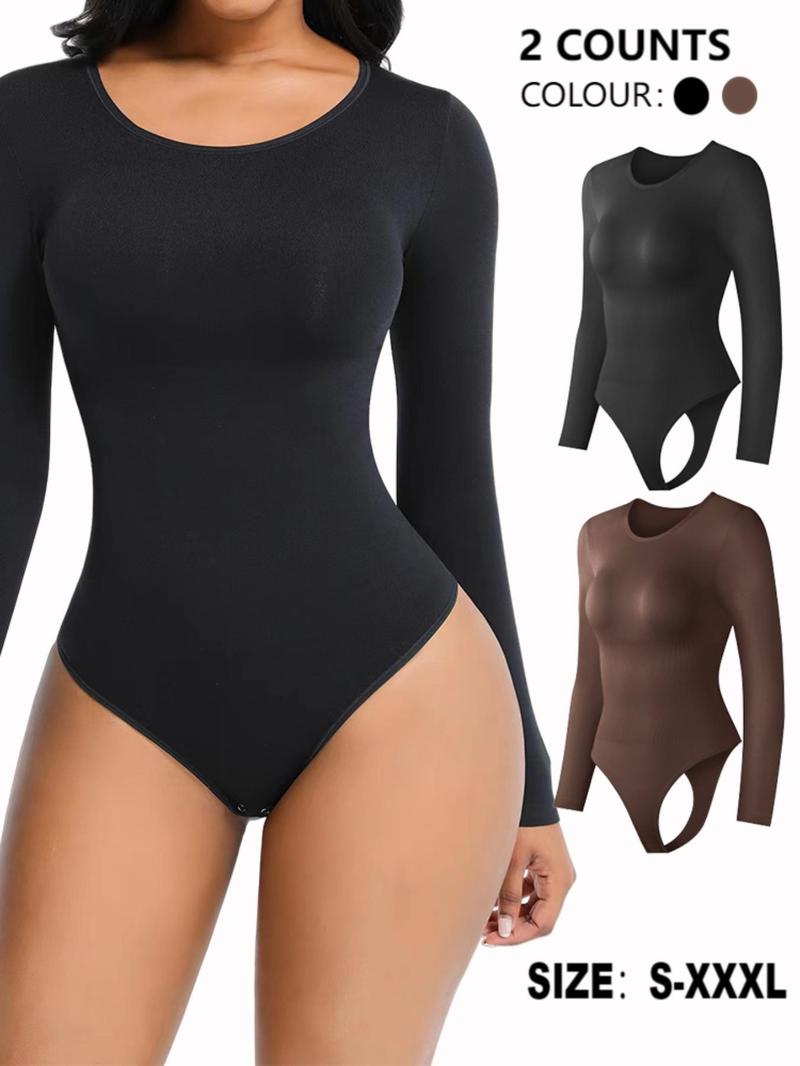 Women's Solid Round Neck Long Sleeve Shapewear Bodysuit, Body Sculpting Compression, Casual Comfy Tummy Control Bodysuit for Daily Wear, Women's Shapewear for All Seasons Women's Solid Round Neck Long Sleeve Shapewear Bodysuit, Body Sculpting Compression, Casual Comfy Tummy Control Bodysuit for Daily Wear, Women's Shapewear for All Seasons