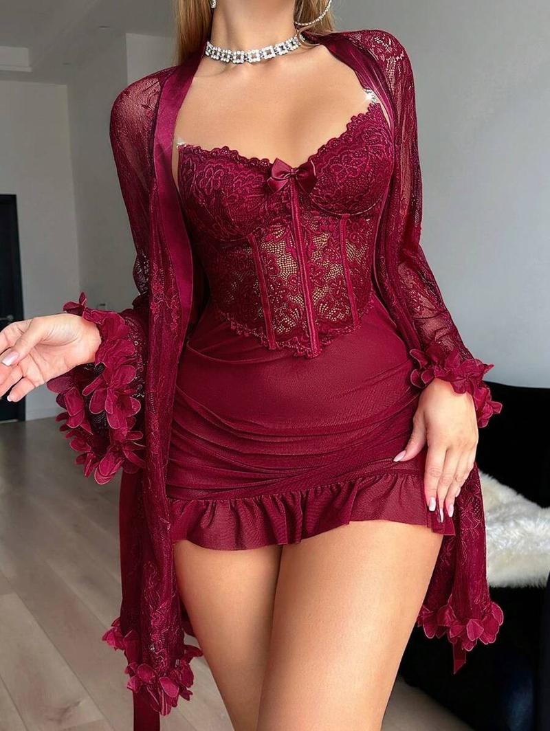 3 Piece Women’s Lace Satin Pajama Set – Elegant Nightdress with Matching Robe & Thong, Soft Lightweight Sleepwear Set for Home, Loungewear, Date Night & Valentine’s Day Gift