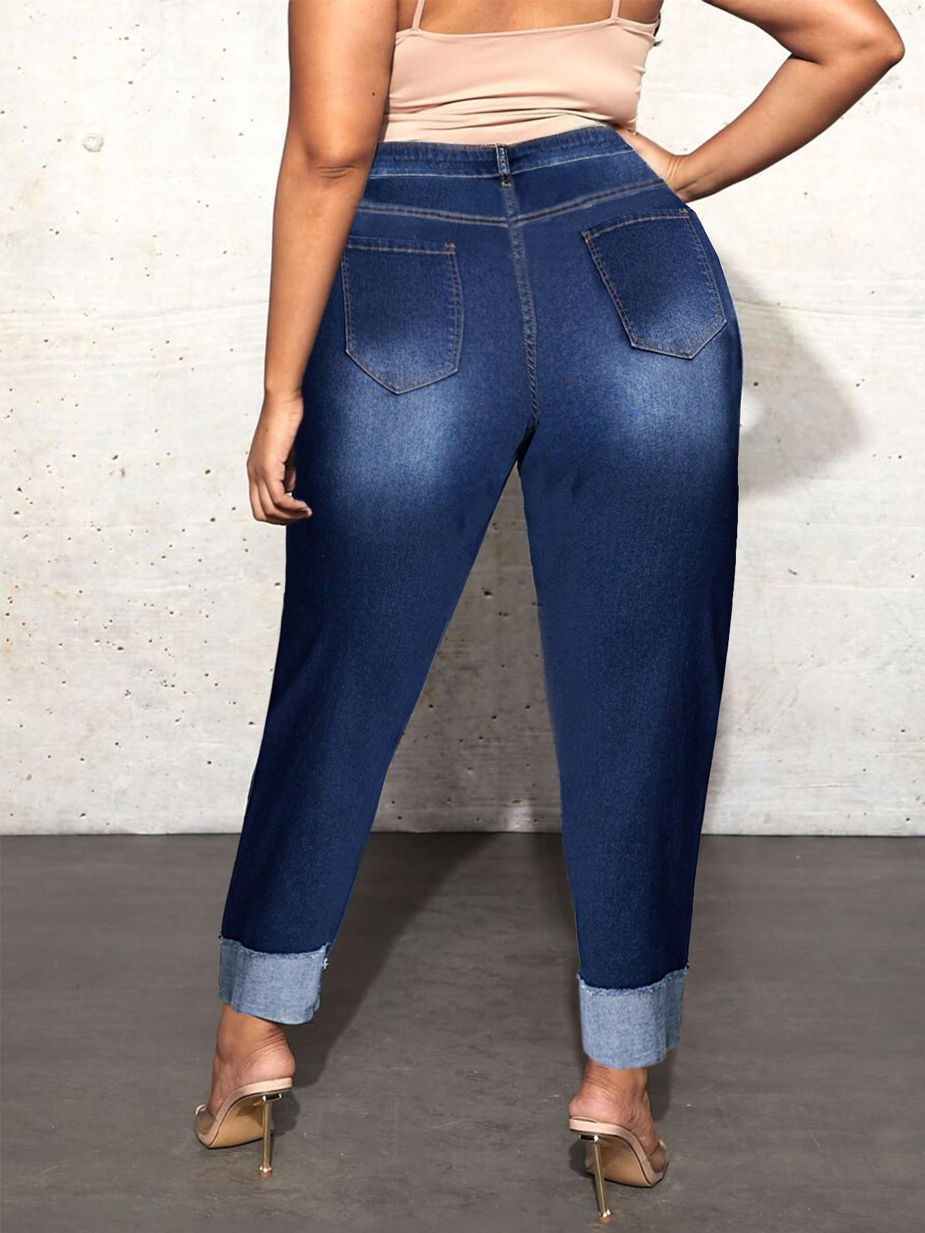 【Plus Size】 Solid Ripped Button Fly Skinny Jeans, Fashion Casual Pocket Design Denim Pants for Daily Outdoor Wear, Women Plus Clothing for All Seasons