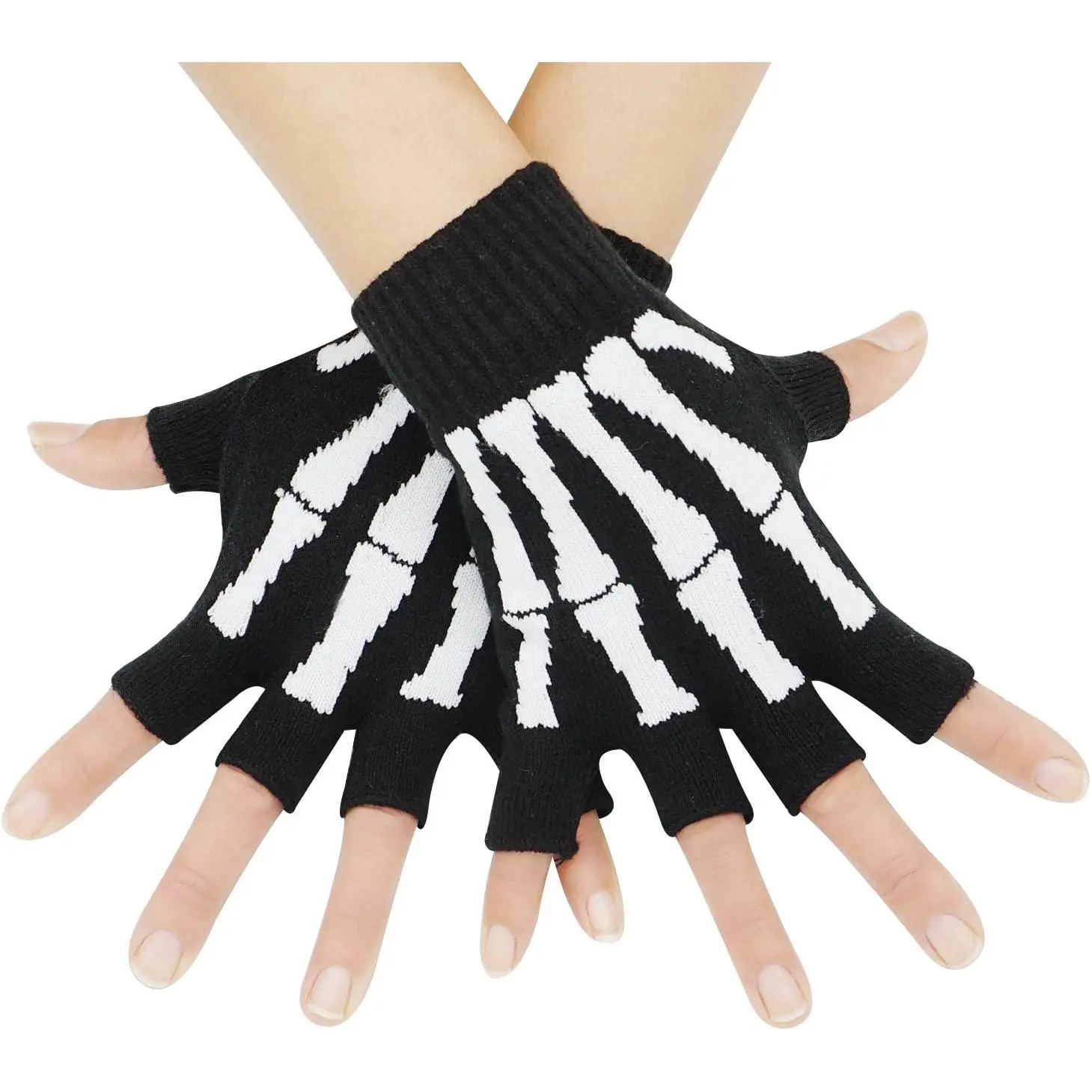 Unisex Stretchy Fingerless Hand Warmer Skeleton Gloves