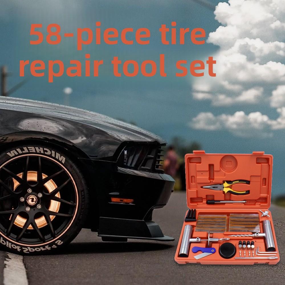 58-Piece Portable Tire Repair Kit Complete Maintenance Box for Vacuum Tire Patching and Emergency Vehicle Fixing