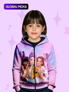 Girls Lightweight Hooded Zipper Sweatshirt, Casual Daily Wear, Fall & Winter Fashion, Trendy Street Style, Fitted Design, Graphic Print Hoodie