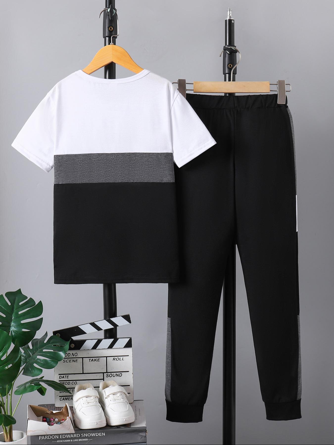 Boy's Letter Print Tee & Side Stripe Sweatpants Set, Round Neck Set, Colorblock Short Sleeve T-shirt & Jogger Pants, Casual Summer Outfits Clothes for Kids Children, Kids Athletic Clothing, Striped Sets, Youth Kits