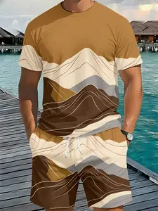 Two-piece set with 3D digital print of brown coffee linear layered mountain pattern, 2Pcs, trendy fashion suit, trendy vintage casual two-piece outfit, trendy vacation-style wear, breathable sports casual style, an ideal holiday gift for men