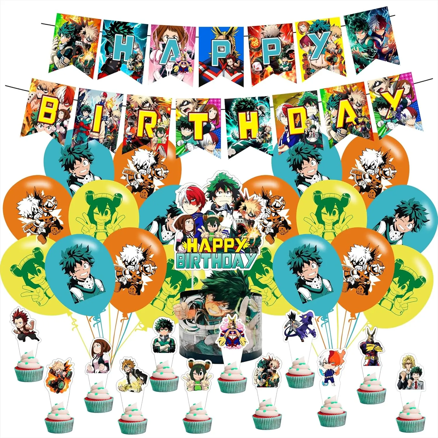 My Hero Academia Cartoon Character Print Party Supplies Kit, Festive Gifts Set with Banner, Latex Balloons, Hanging Swirls, Cake & Cupcake Toppers for Boys