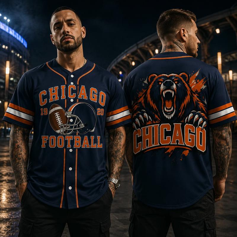 Men's jersey shirt, deep blue button-down fan T-shirt featuring helmet and bear designs, short-sleeve game-day outfit, street-style baseball-inspired top, tailgate party wear, soccer fan gift, casual jersey T-shirt, sporty upper garment