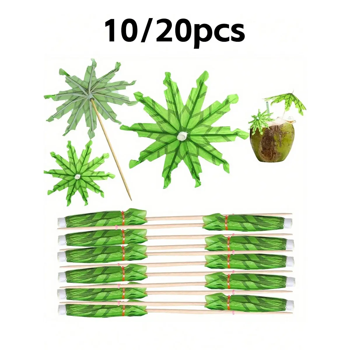 Tropical Drink Umbrellas Set, Coconut Tree Pattern, Hawaiian Style Party Decor, 4 Designs, Wood Grain Finish, 10/20 Pcs