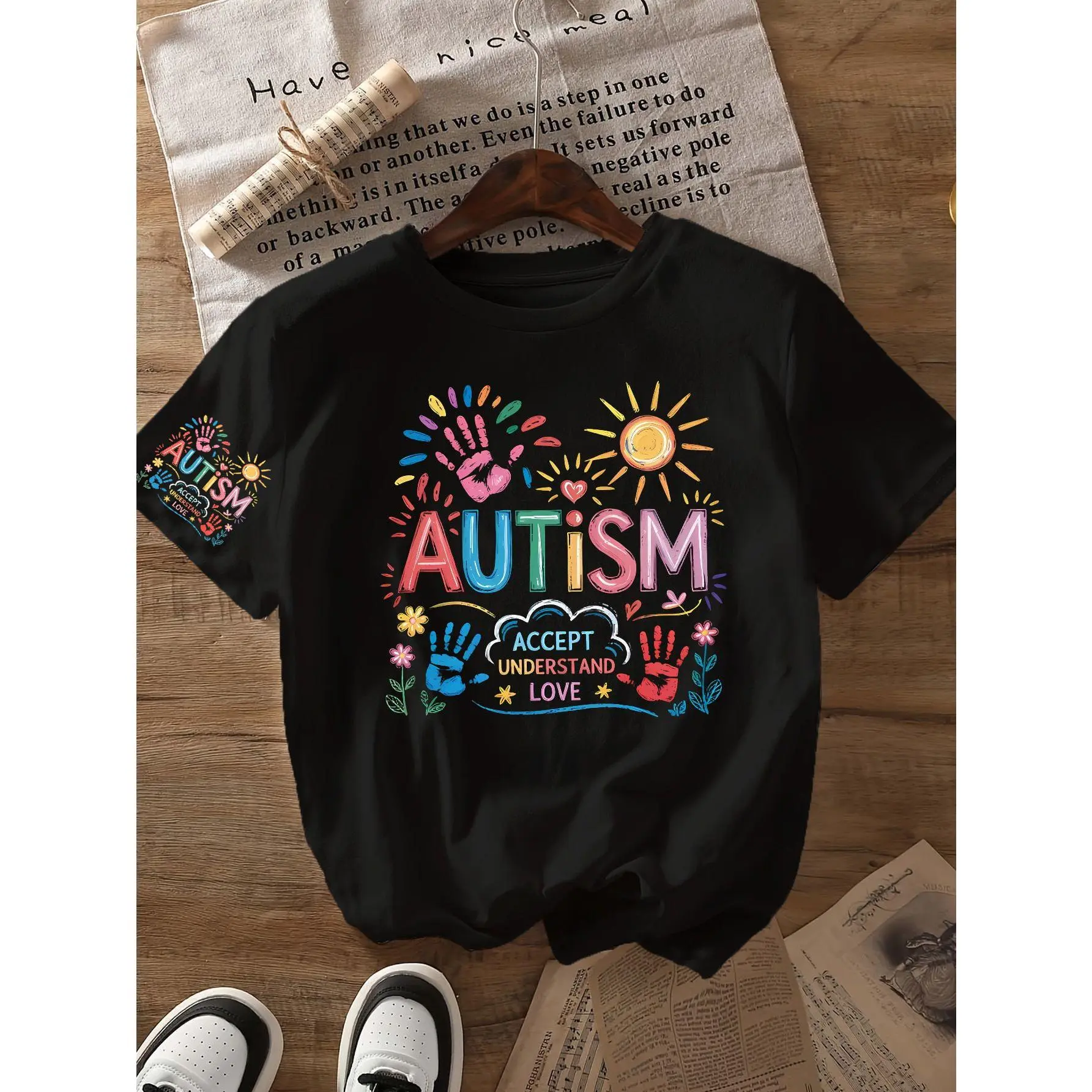 A Vibrant T-Shirt Made of 100% Featuring Cheerful Handprints, Designed to Promote Autism Awareness in April.This Summer Shirt Is Perfect for Occasions Like Easter And Mother'S Day,Unisex Vintage Graphic T-Shirt