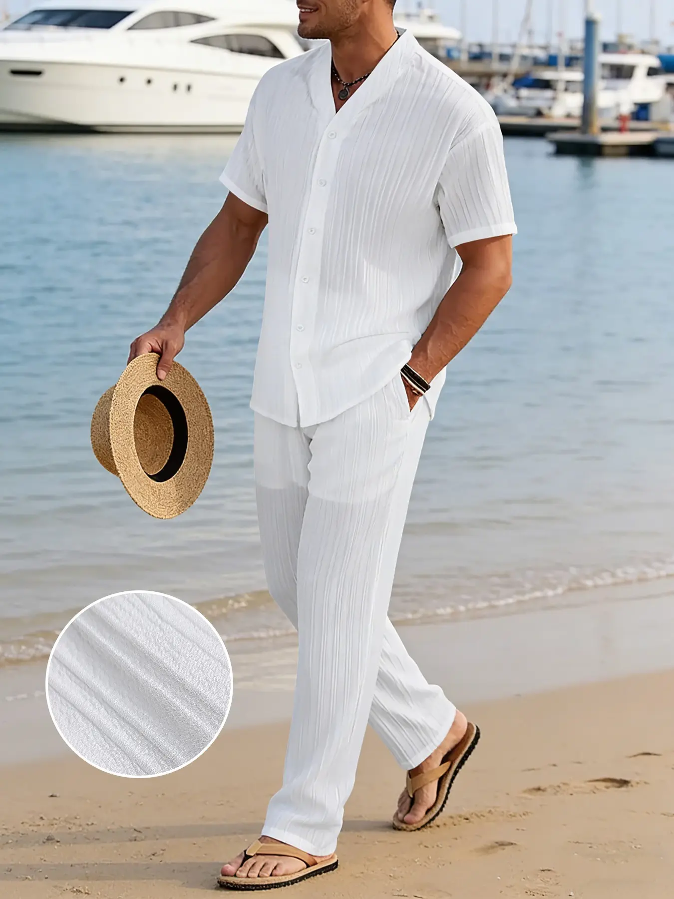 Men's Two-Piece Set with Pleated Texture, Plain V-Neck Short Sleeve Blouse, Elastic Waist Long Pants, Summer Casual Beach Matching