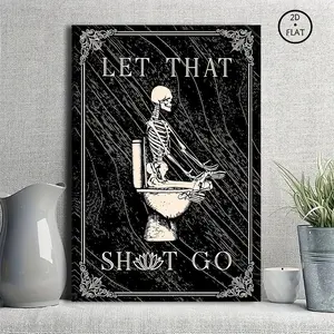 "Let That Shot Go" Skeleton On Toilet Canvas Wall Art - Funny Gothic Bathroom Quote Print, Framed/Unframed Multi-Size, Dark Vintage Washroom Decor, Gift For Gothic Horror Enthusiasts