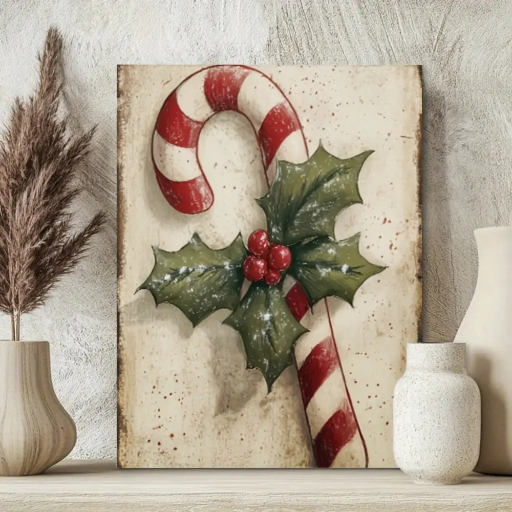 Vintage Christmas Wall Art, Canvas Print, Candy Cane And Holly Berry Design, Retro Distressed Texture With 3D Effect, Holiday Home Decor For Living Room Bedroom, 1 Piece Unframed