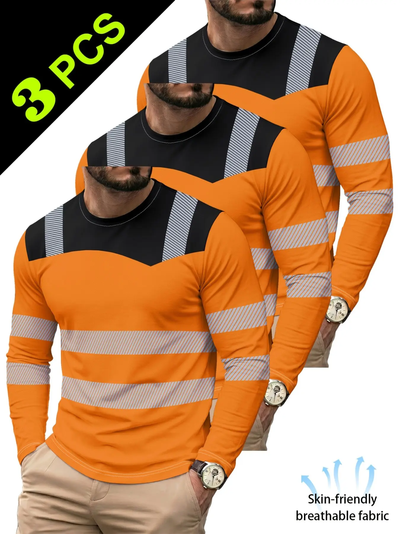 3-Pack Men's Colorblock Striped Long Sleeve T-Shirts, Round Neck Breathable Workwear, Casual Outdoor Daily Wear, Loose Fit Geometric Pattern