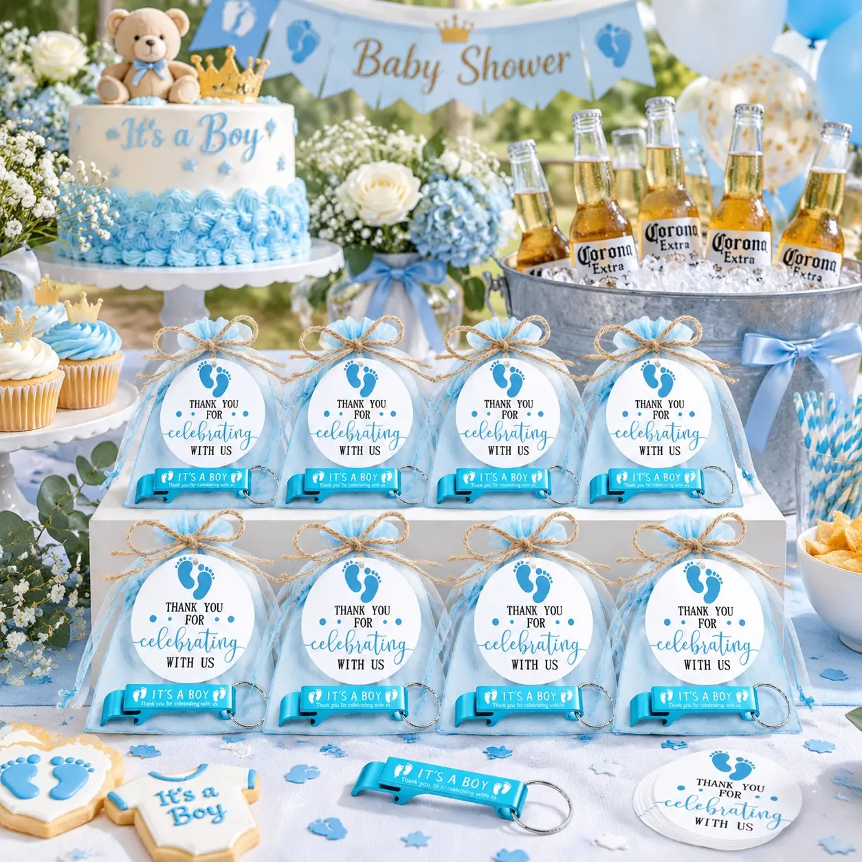60pcs/20sets Baby Shower Party Guest Favors, Blue Beer Opener Keychain Gift, It's a Boy Gender Reveal Party Supplies, Boy Infant Celebration Gifts