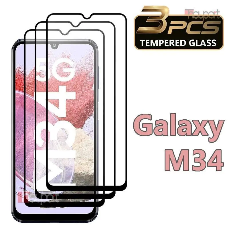 3PCS Tempered Glass & Silicone Screen Protectors for Samsung Galaxy M34 5G - Scratch Resistant, Waterproof Mobile Phone Accessory with Manufacturer Warranty, Manufacturer Warrenty