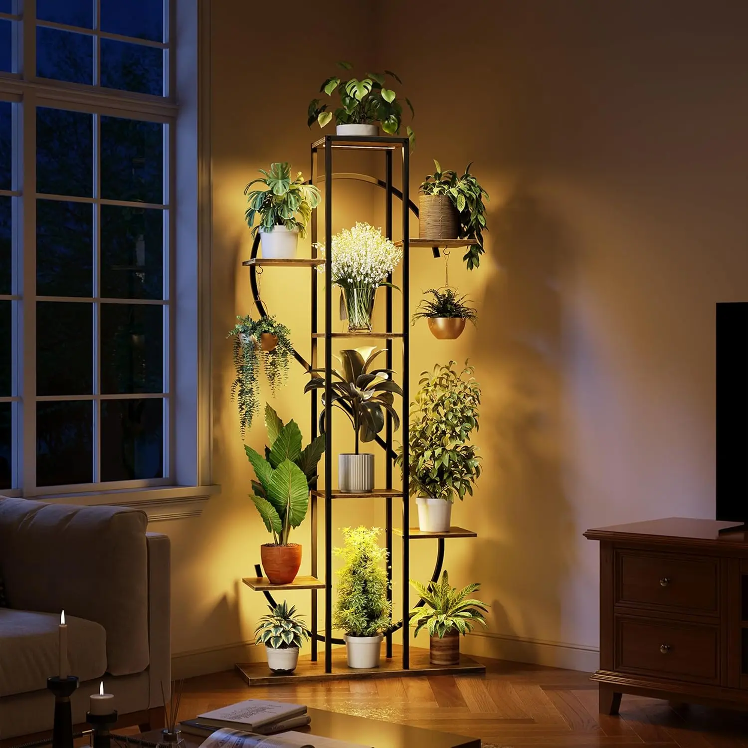 62" Tall 8-Tier Black S-Shaped Iron Frame Indoor Garden Planter Stand - Vertical Planter Tower, Anti-Tip Strap, 2 Hooks, Grow Lights, 23.6" x 9.84", Wipe Clean Corner Flower Pot Holder for Living Room, Balcony