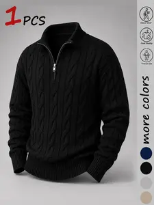 Men's Quarter Zip Stand Collar Cable Knit Sweater, Thick Warm Stretch Jumper, Slim-Fitting, Fall&winter Casual Top