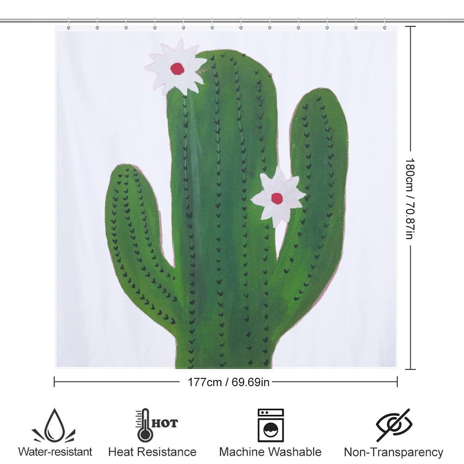 Cactus Flower Shower Curtain, Minimalist Green Cacti Waterproof Bath Curtain, Boho Desert Aesthetic Bathroom Decor, Cute Cactus Bath Accessory with Hooks