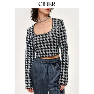 Cider [size 2-10] Talk About It Houndstooth Cropped Long Sleeve Top