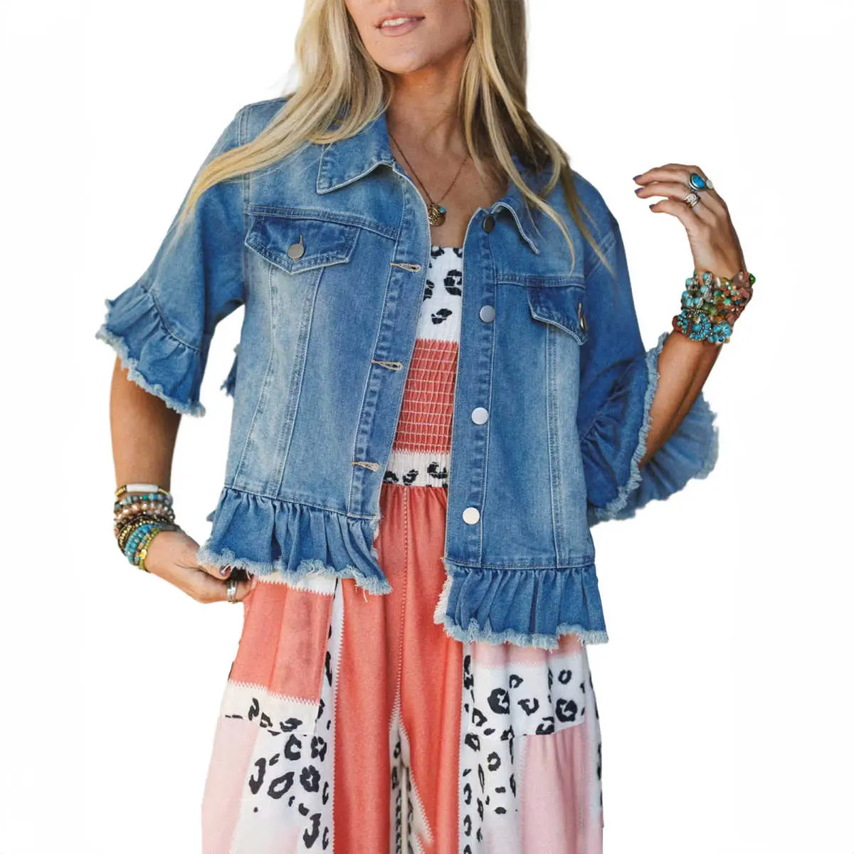 Blue Ruffle Hem Raw Edge Half Sleeve Western Denim Jacket