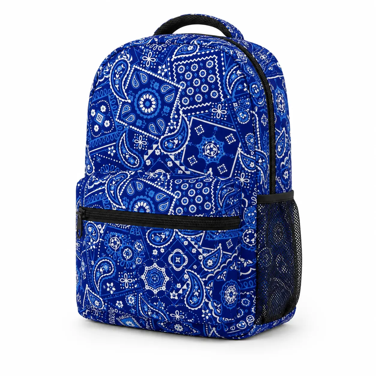 Blue Paisley Print Backpack for Men & Women| Vintage Bandana Pattern School Backpack| Lightweight Bookbag with Front Zipper Pocket & Side Mesh Water Bottle Holder| Casual Travel Daypack for School, College, Work, Gym, Travel & Everyday Use
