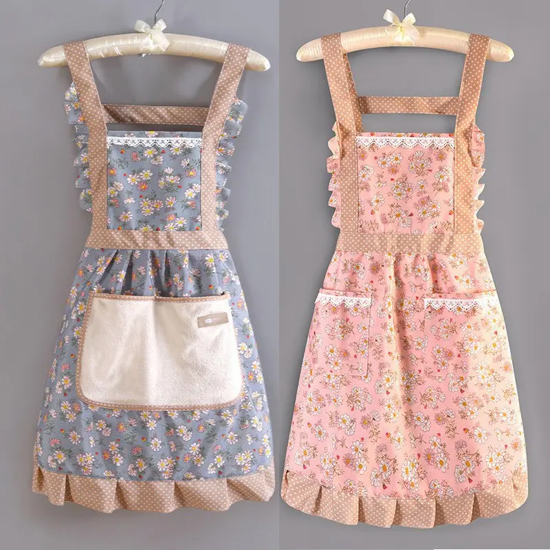 Women Cotton Canvas Kitchen Apron, Viral 2026 New Princess Style Cooking Smock, Built-in Hand Wipe Pocket Adjustable Back Straps, Soft Breathable Cotton Fabric, Cute Elegant Styling, Great For Daily Home Cooking, Baking & Household Kitchen Work