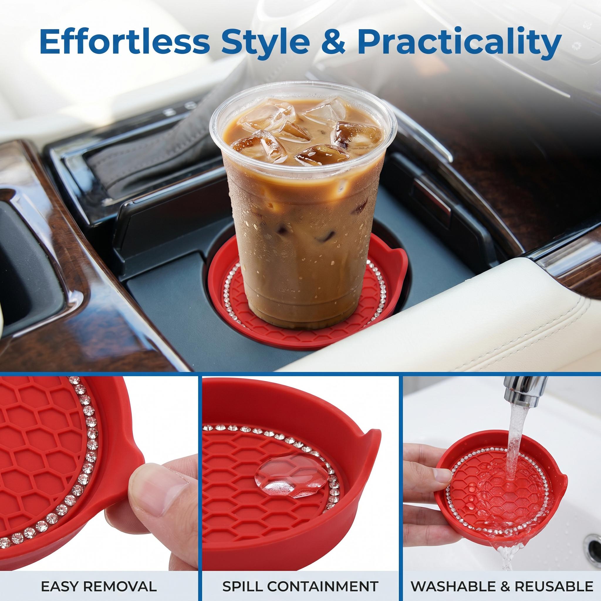 2pcs Non-Slip Water Cup Pad, Car Coaster with Rhinestone Bling Decoration, Anti-Skid 8cm Rubber Cup Bottle Mat, Car Interior Accessory, Car Accessories-MM2